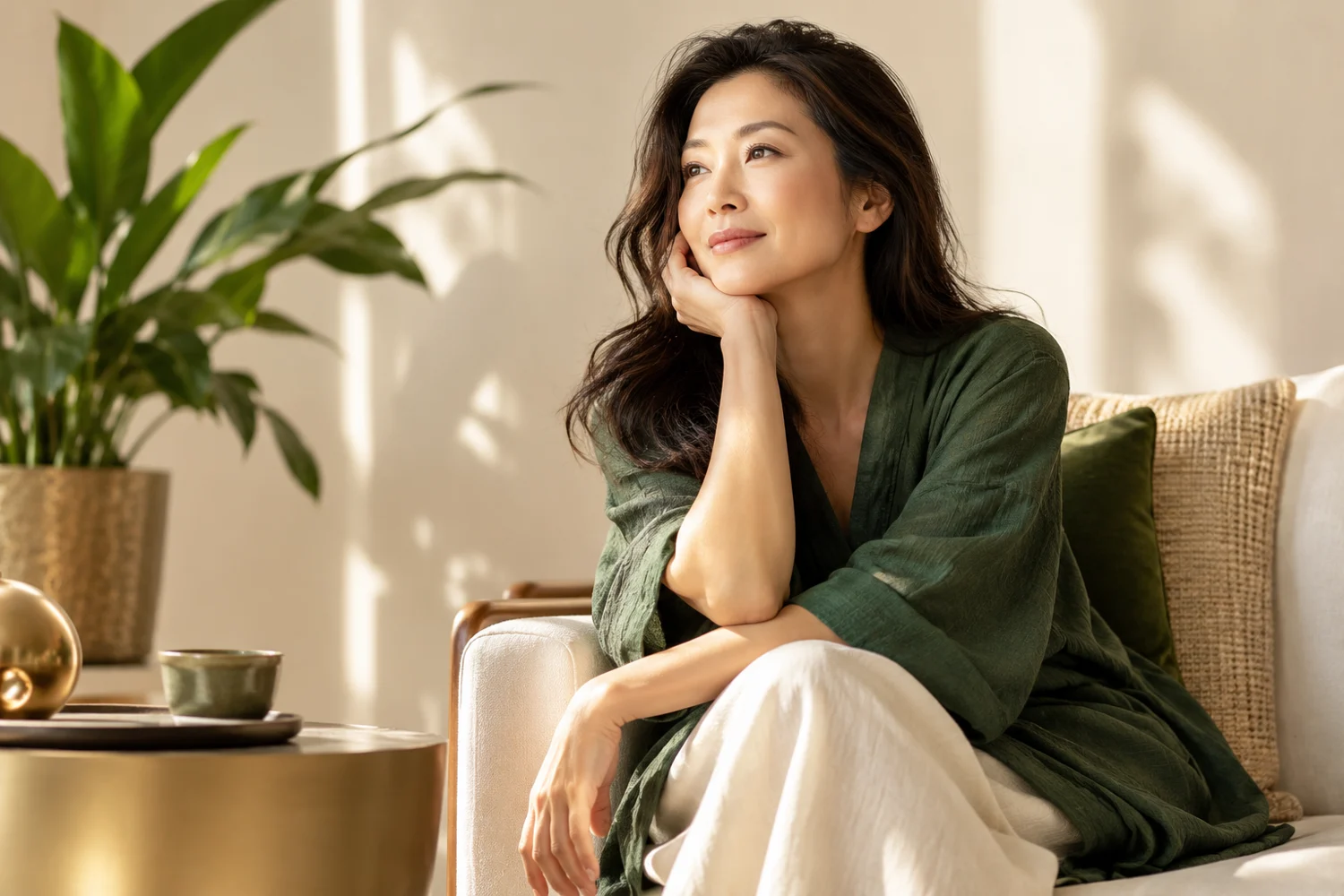 A woman enjoying a quiet moment in a calm indoor space